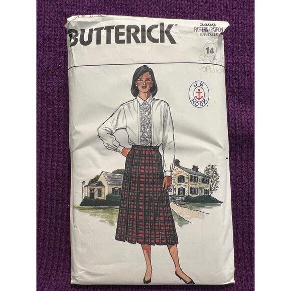 Butterick 3400 pattern blouse ruffle front pleated skirt 1980s size 14 - Picture 1 of 8